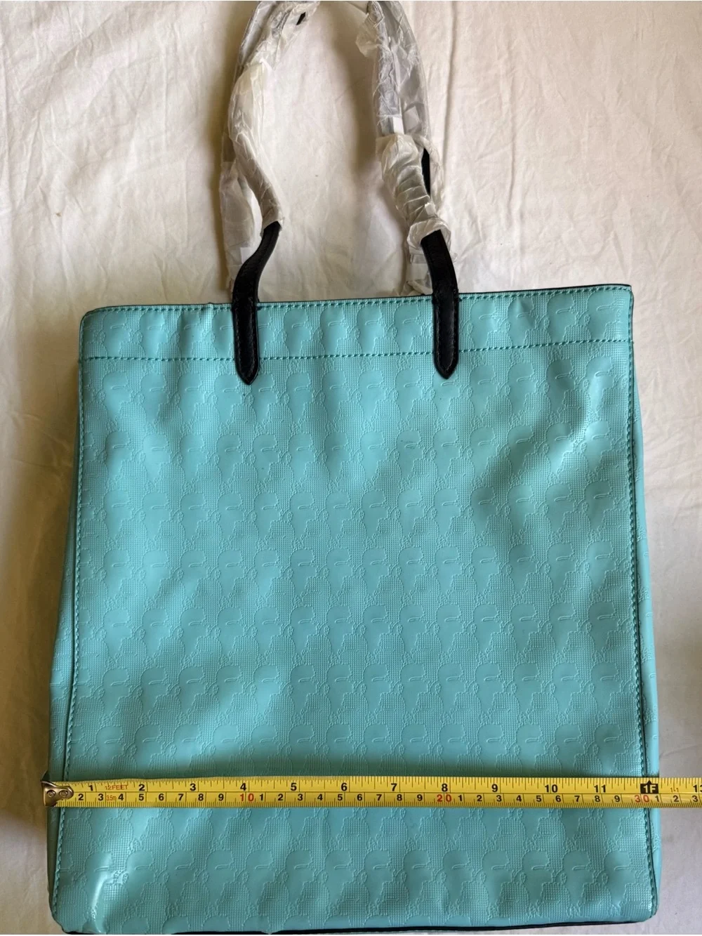 Karl Lagerfeld Light Teal Patent Tote with Black Leather Handles